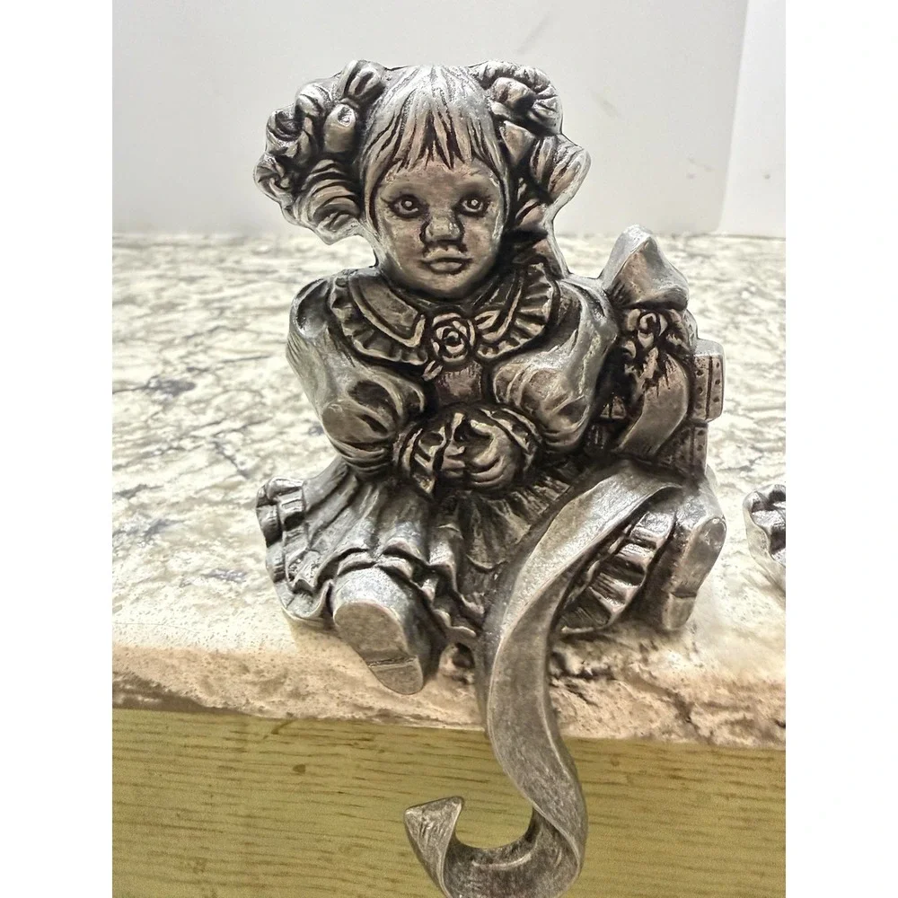 2 Carson Pewter Doll Christmas Stocking Hook Hangers Mantle Holiday Decor VTG